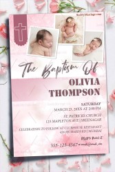 Pink Theme Baptism Invitation Card With Baby Photos