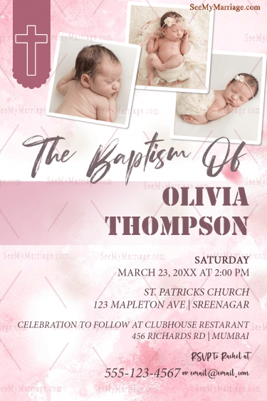 Pink Theme Baptism Invitation Card With Baby Photos