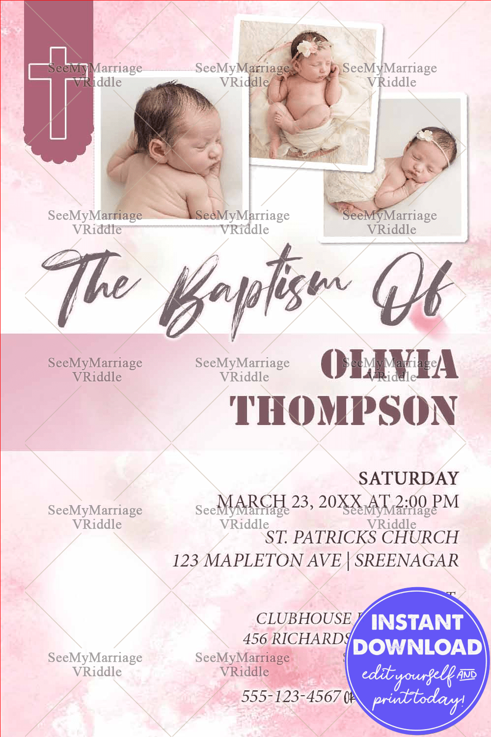 Pink Theme Baptism Invitation Card With Baby Photos