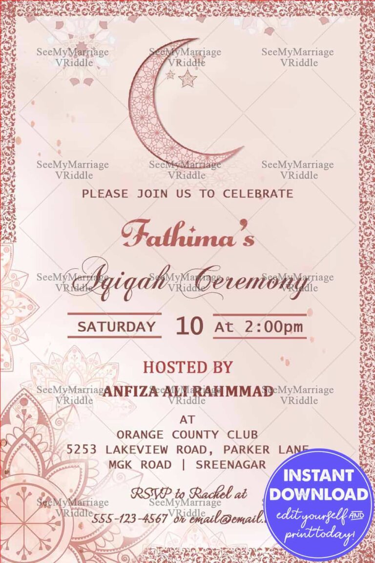 Pink Theme Unique Crescent Moon Aqiqah Invitation