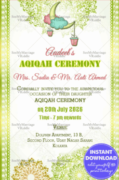 Playful Crescent Moon Theme Aqiqah Invitation Card