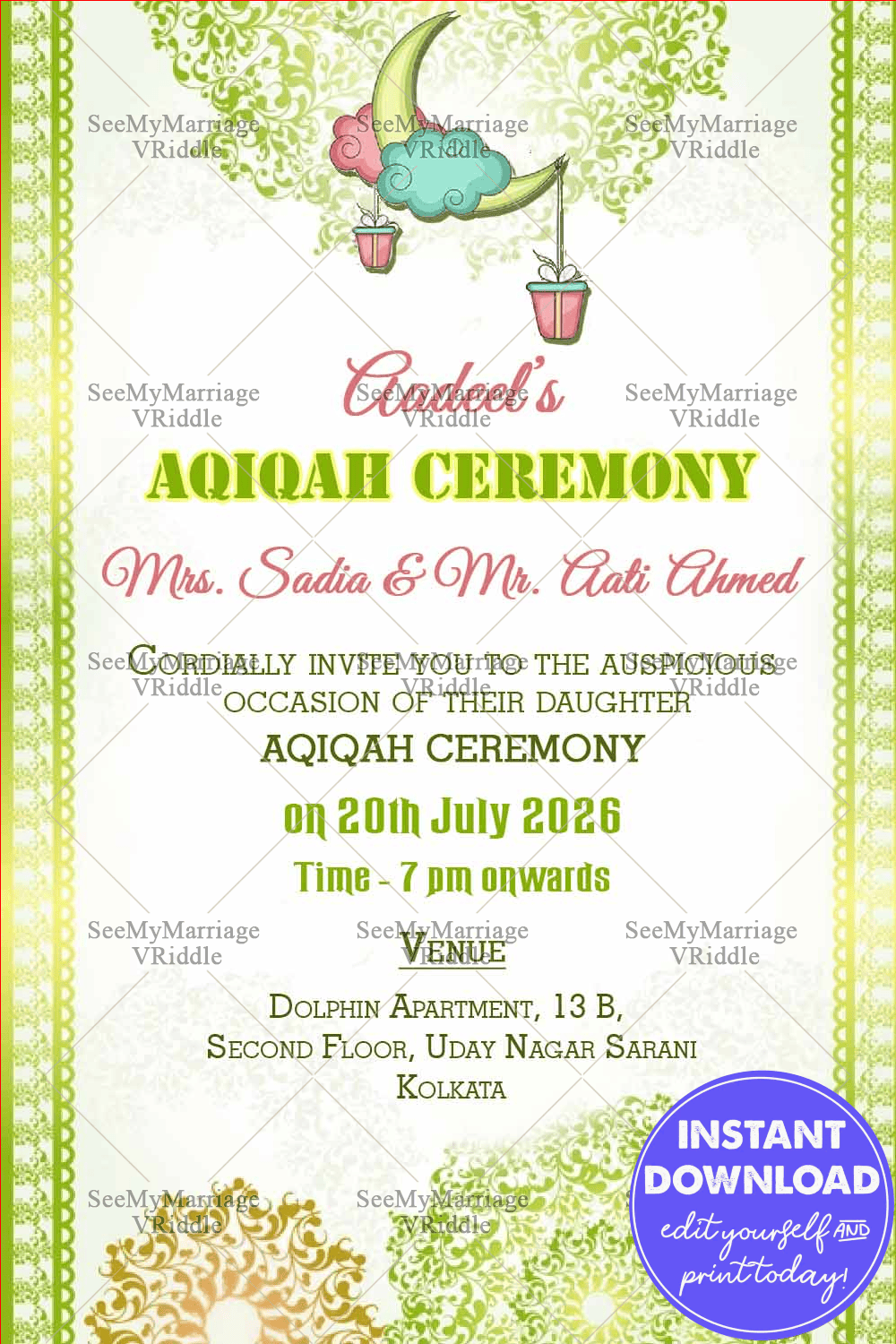 Playful Crescent Moon Theme Aqiqah Invitation Card