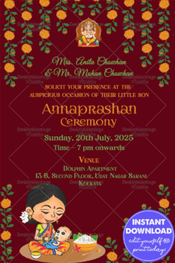 Red Theme First Rice Ceremony Invitation Card With Marigold Flower Decoration
