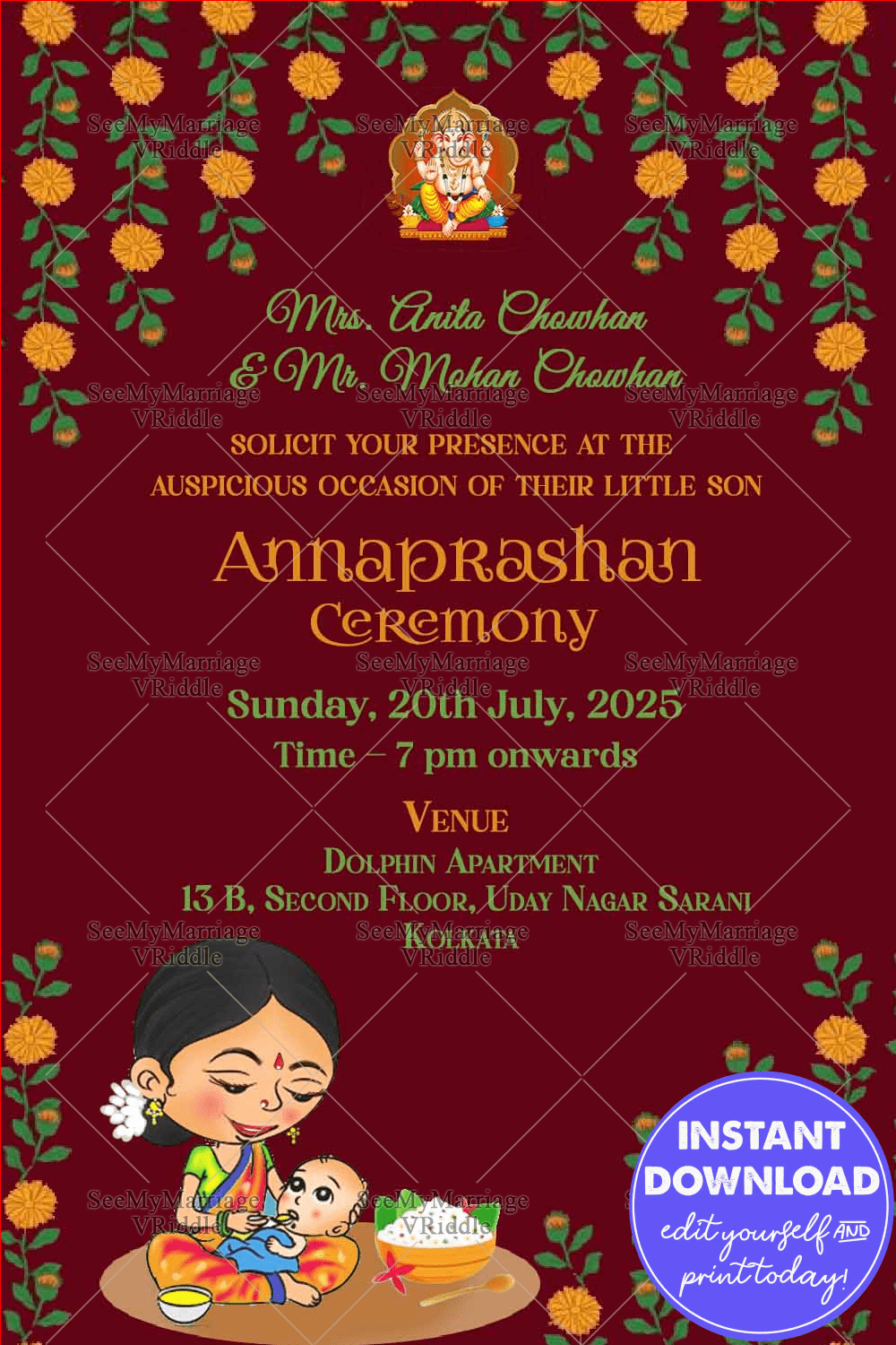 Red Theme First Rice Ceremony Invitation Card With Marigold Flower Decoration