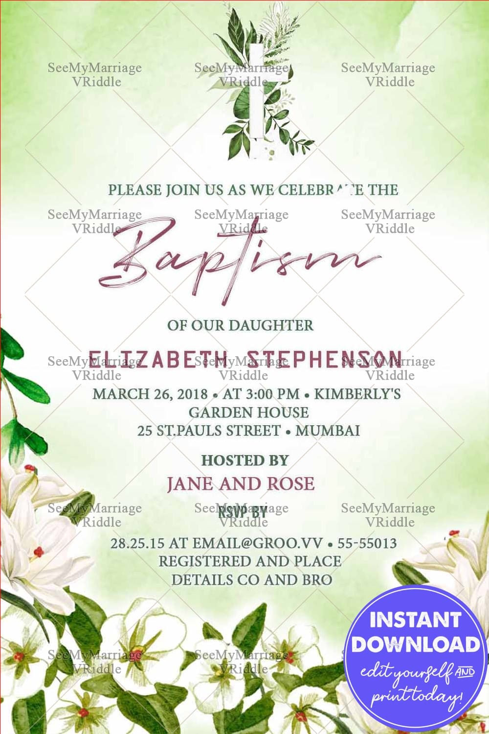 Subtle Floral Theme Baptism Invitation Card White Flowers