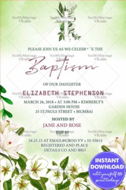 Subtle Floral Theme Baptism Invitation Card White Flowers