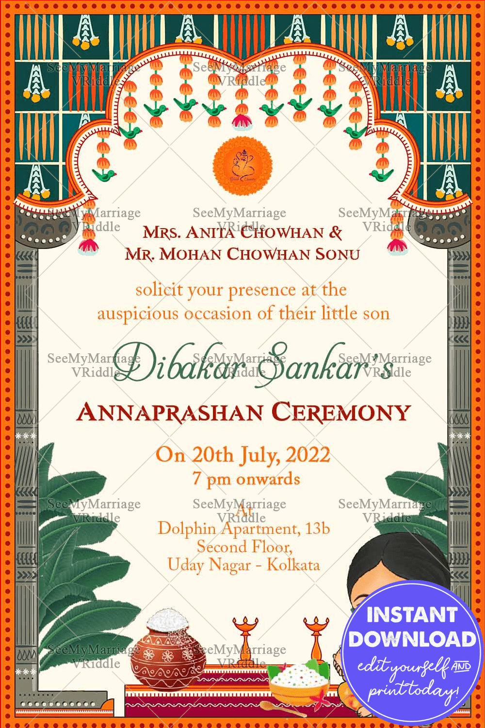 Traditional Annaprashan Invitation Card Mother And Child Illustration