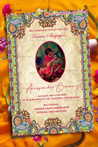 Traditional Annaprashan Vintage Invitation Card Yashodha Krishna Image