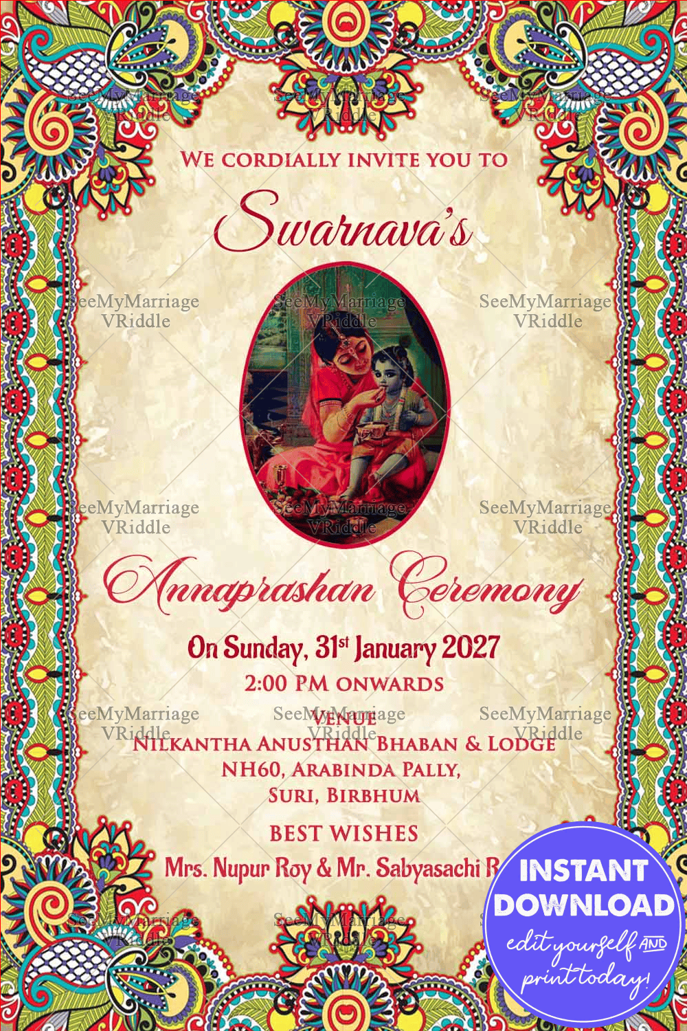 Traditional Annaprashan Vintage Invitation Card Yashodha Krishna Image