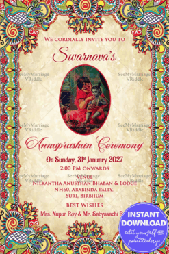 Traditional Annaprashan Vintage Invitation Card Yashodha Krishna Image