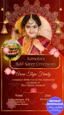 Traditional Red Theme Halfsaree Invitation Golden Bells Mandala Art