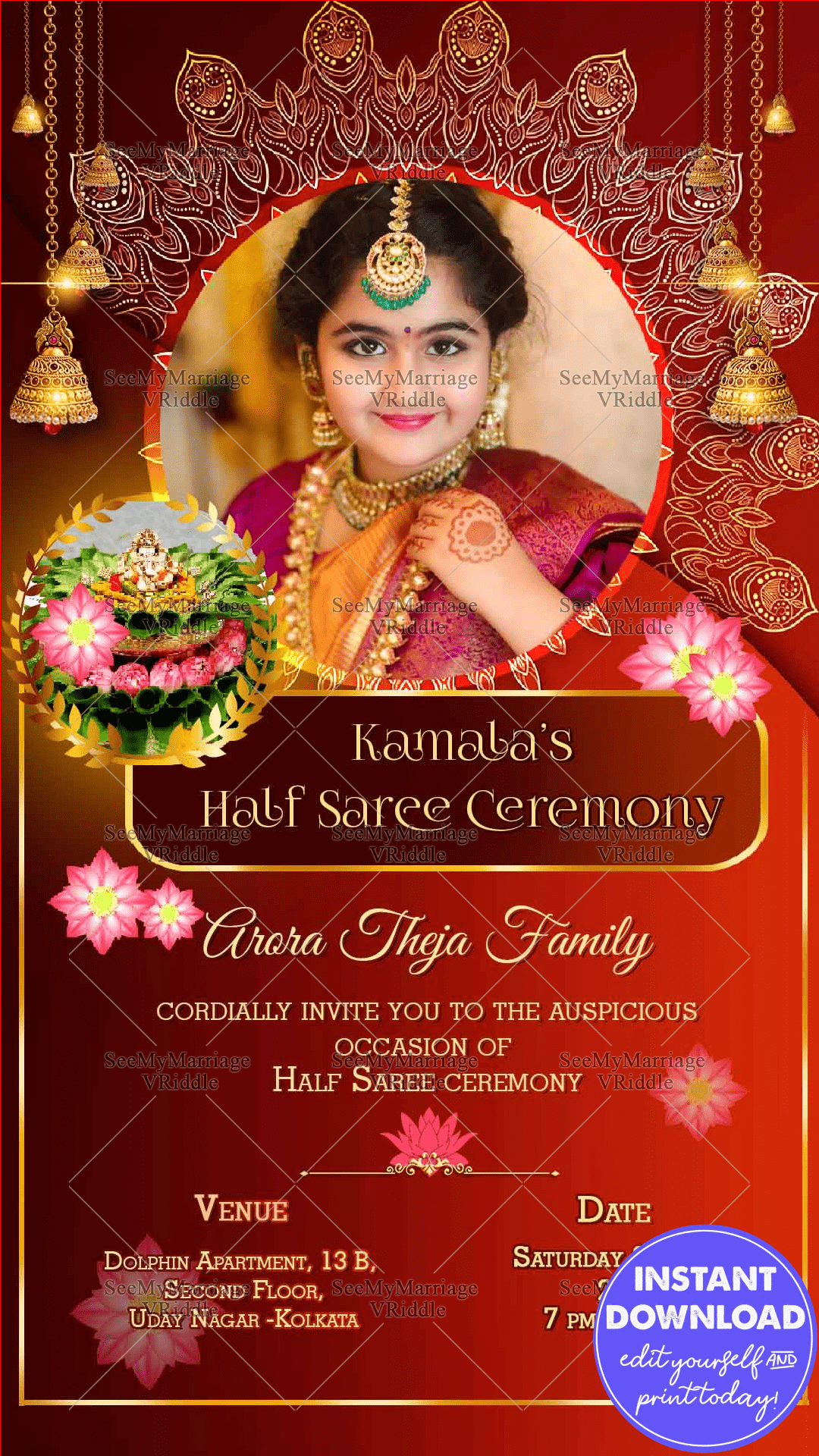 Traditional Red Theme Halfsaree Invitation Golden Bells Mandala Art