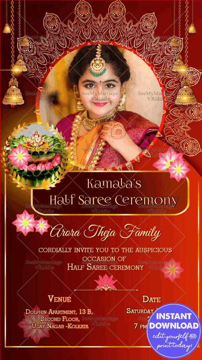 Traditional Red Theme Halfsaree Invitation Golden Bells Mandala Art
