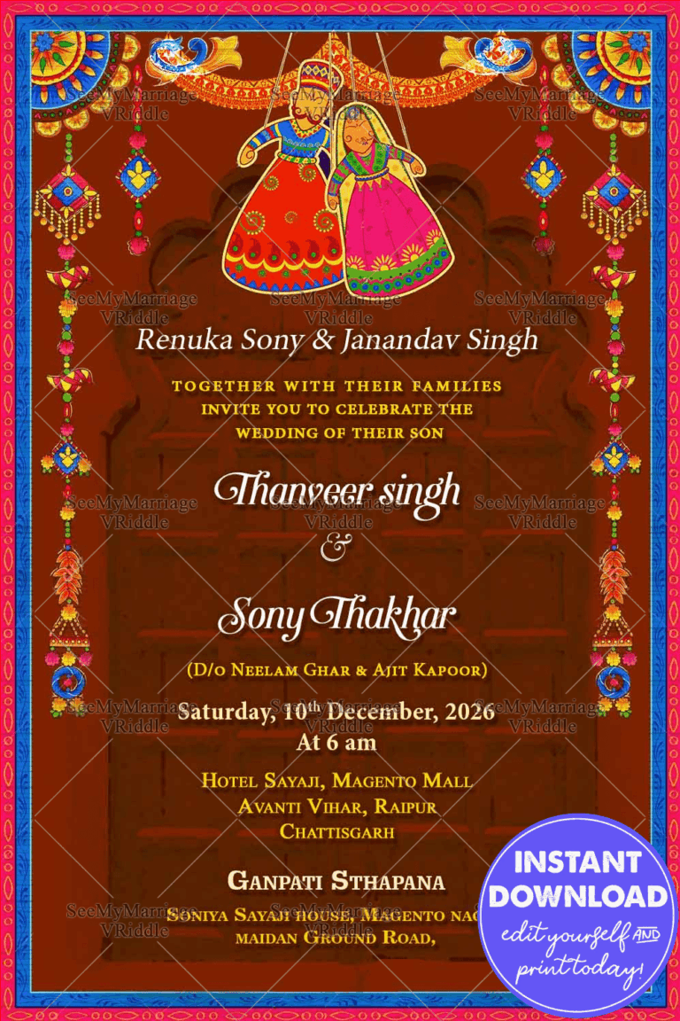 Vibrant Rajasthani Wedding Invitation Card Puppet Theme