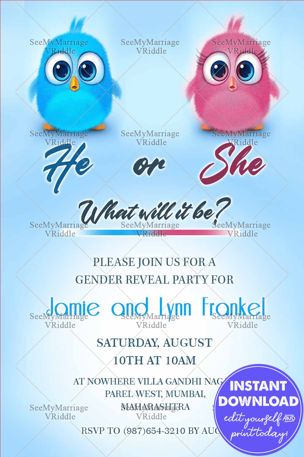 Baby Chick Theme Gender Reveal Invitation Card Pink Or Blue