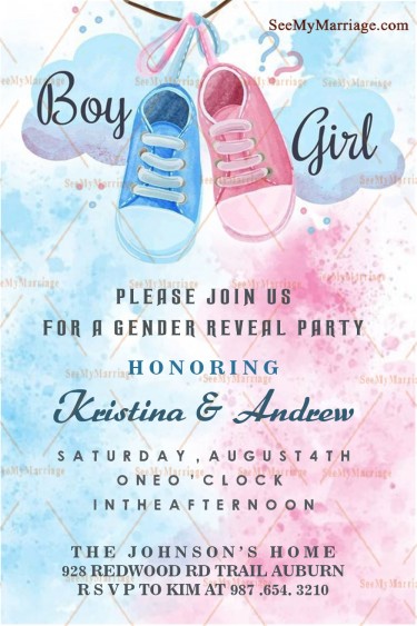 Booties Theme Gender Reaveal Invitation Card Pink Or Blue