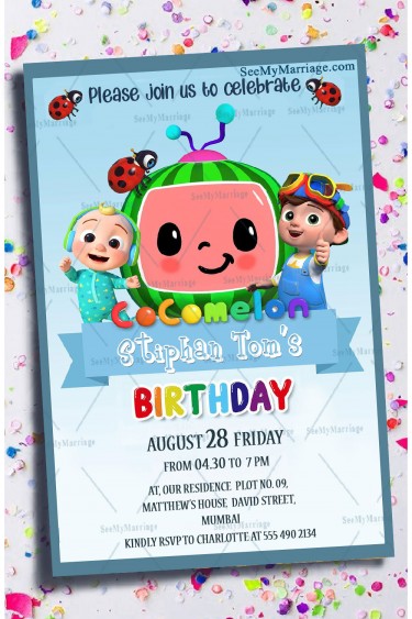 Coco Melon Theme 1st Birthday Invitation Card Baby Blue