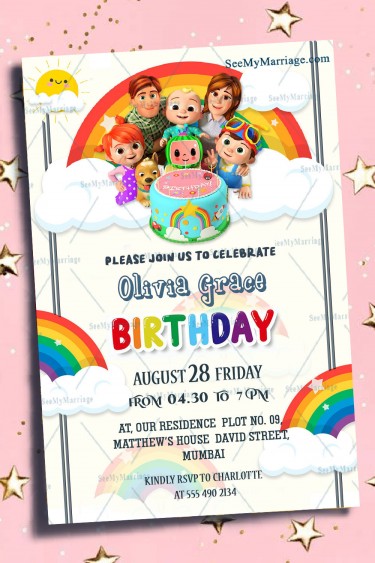 Coco Melon Theme 1st Birthday Invitation Card Rainbow Family