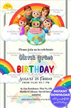 Coco Melon Theme 1st Birthday Invitation Card Rainbow Family
