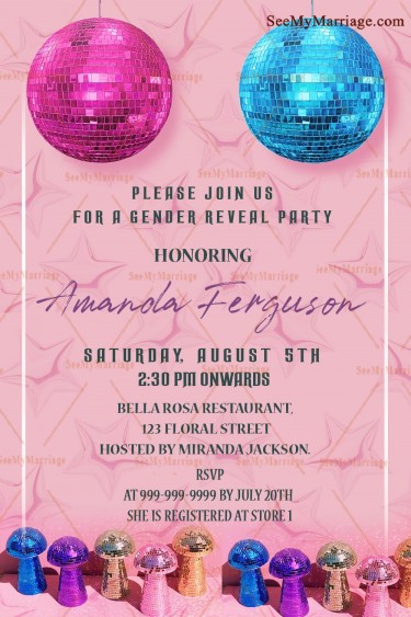 Disco Party Theme Gender Reveal Invitation Card Pink Or Blue