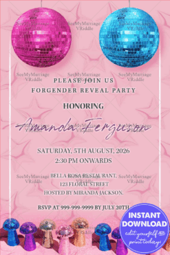 Disco Party Theme Gender Reveal Invitation Card Pink Or Blue