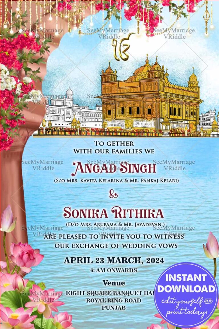 Floral Punjabi Wedding Invitation Waheguru Kripa, Golden Temple
