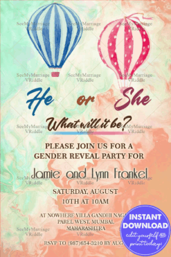 Gender Reveal Invitation Card Hot Air Balloon Theme