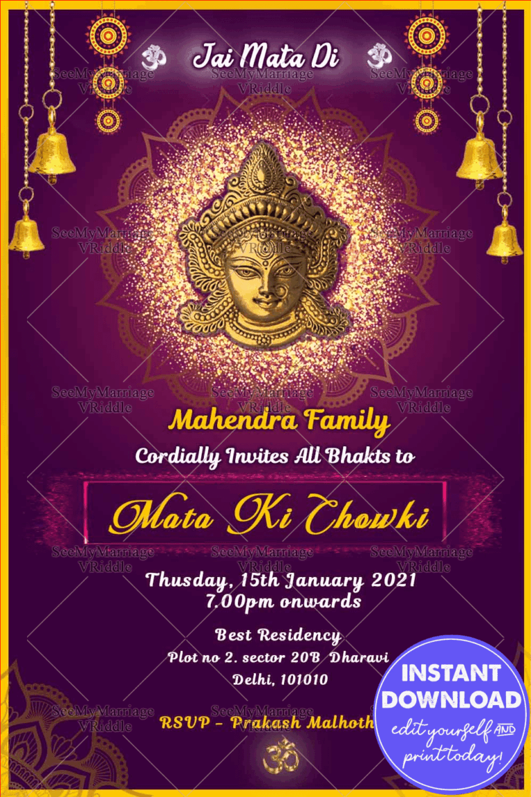 Mata Ki Chowki Invitation Card Purple Theme Golden Durga