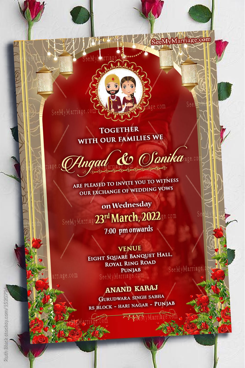 Red Roses Punjabi Wedding Invitation Cartoon Couple