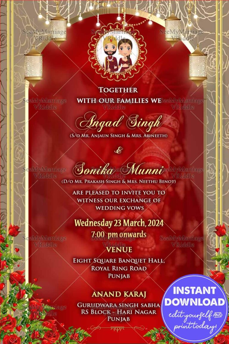 Red Roses Punjabi Wedding Invitation Cartoon Couple