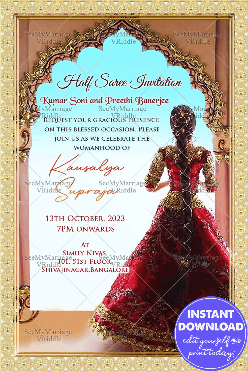 Royal Halfsaree Invitation Card Red Bejeweled Girl