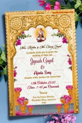 Sindhi Wedding Invitation Card Golden Arch Pink Flowers Jhulelal Maharaj