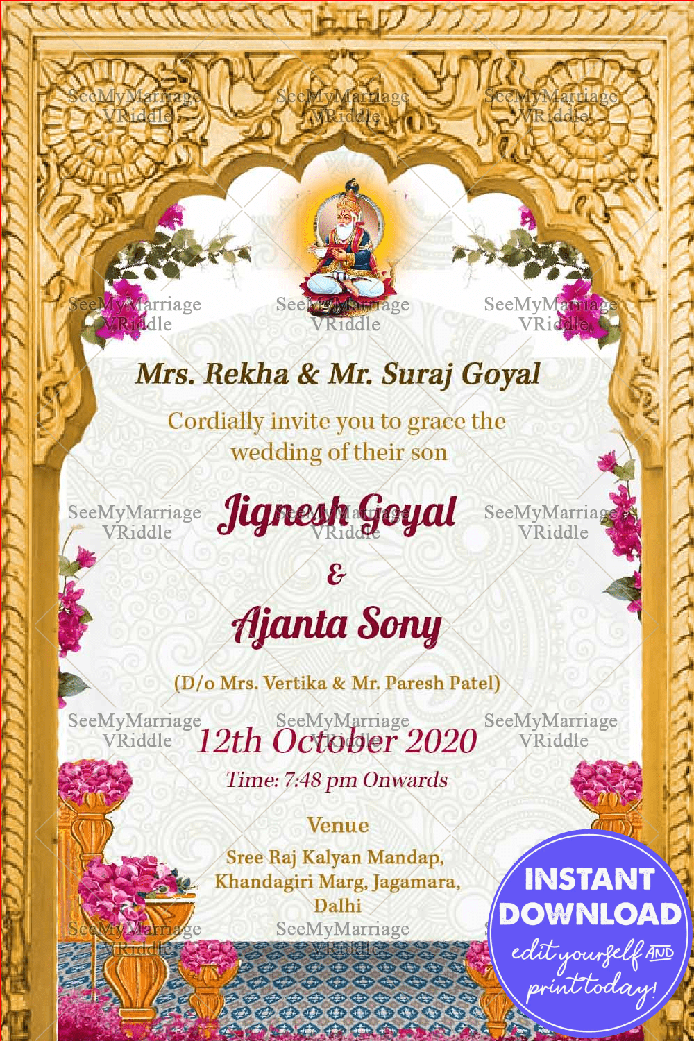 Sindhi Wedding Invitation Card Golden Arch Pink Flowers Jhulelal Maharaj