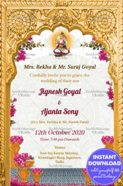 Sindhi Wedding Invitation Card Golden Arch Pink Flowers Jhulelal Maharaj