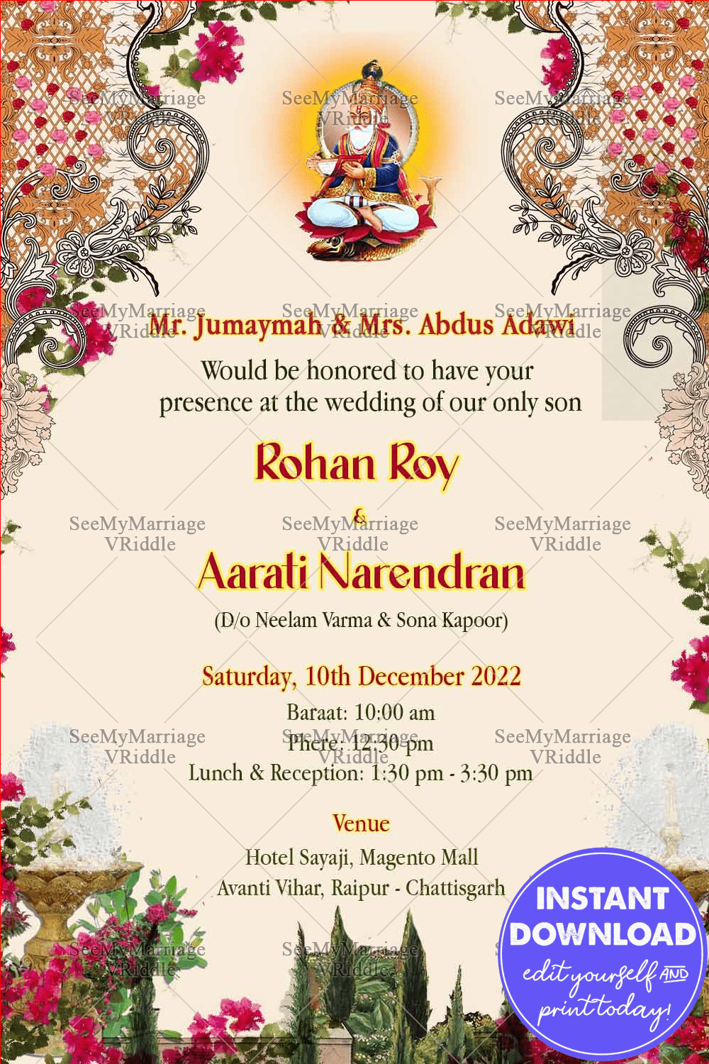 Sindhi Wedding Invitation Card Golden Arch Pink Flowers Jhulelal Maharaj