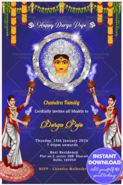 Traditional Bengali Durga Pujo Invitation Card Blue Theme