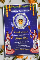Traditional Bengali Durga Pujo Invitation Card Blue Theme