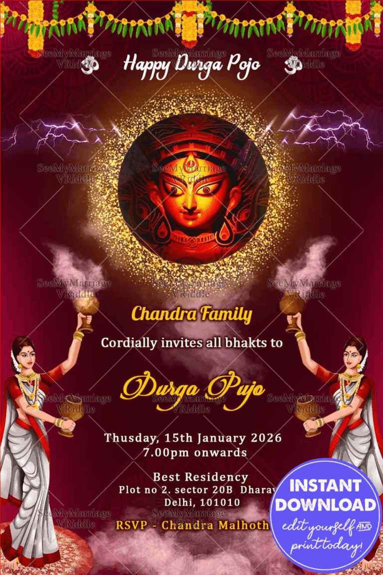 Traditional Bengali Durga Pujo Invitation Card Brown Theme