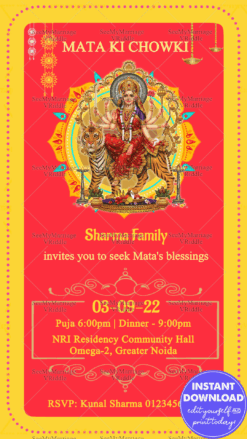 Traditional Mata Ki Chowki Invitation Card Saffron Colour Tiger