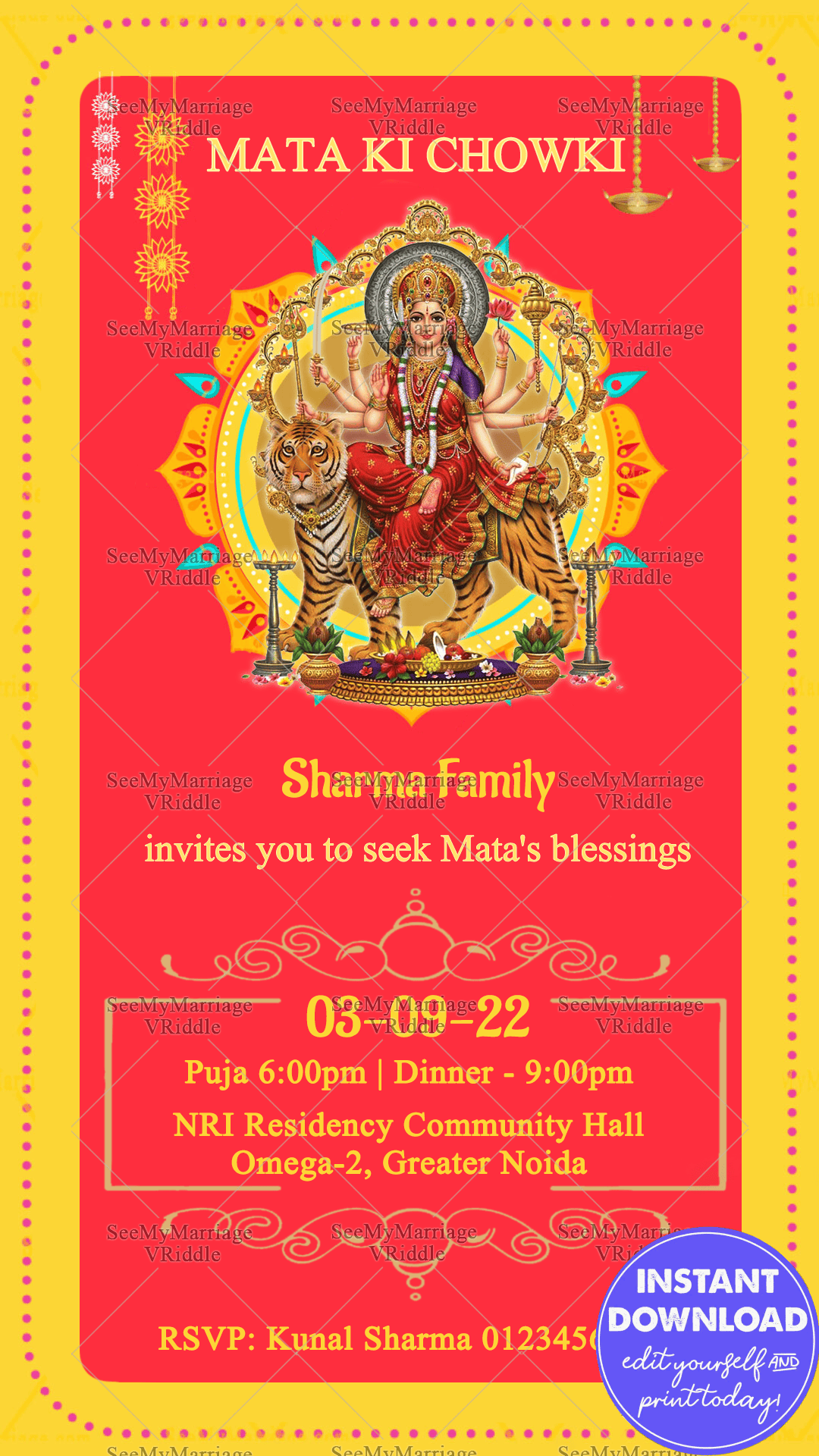 Traditional Mata Ki Chowki Invitation Card Saffron Colour Tiger