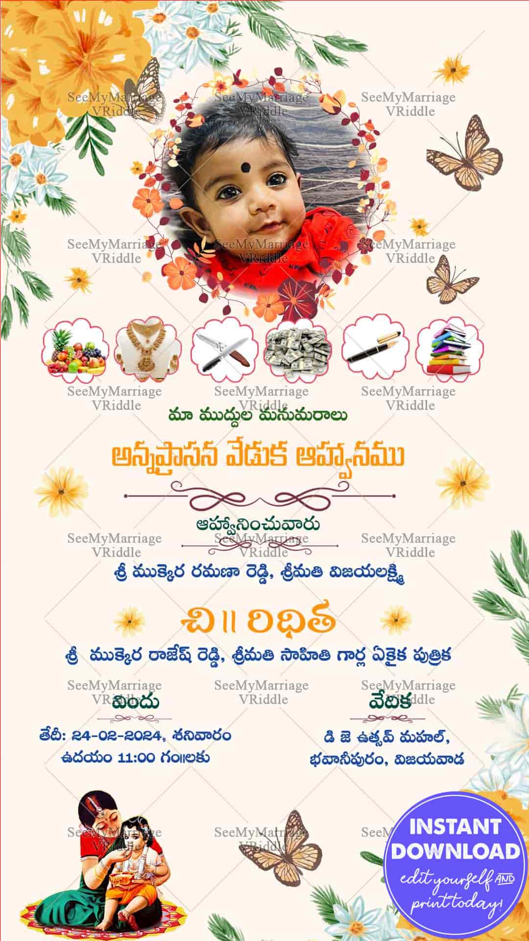 Traditional Telugu Annaprashan Invitation Card Yellow Flower Theme Butterflies