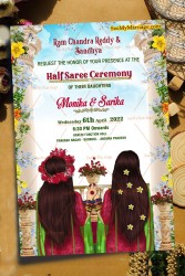 Modern Sisters Half Saree Ceremony Invitation Card Blue Sky Floral Theme