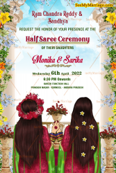 Modern Sisters Half Saree Ceremony Invitation Card Blue Sky Floral Theme