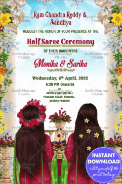 Modern Sisters Half Saree Ceremony Invitation Card Blue Sky Floral Theme