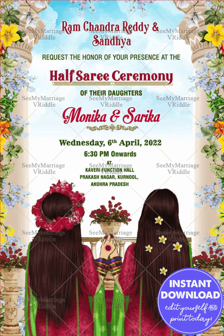 Modern Sisters Half Saree Ceremony Invitation Card Blue Sky Floral Theme