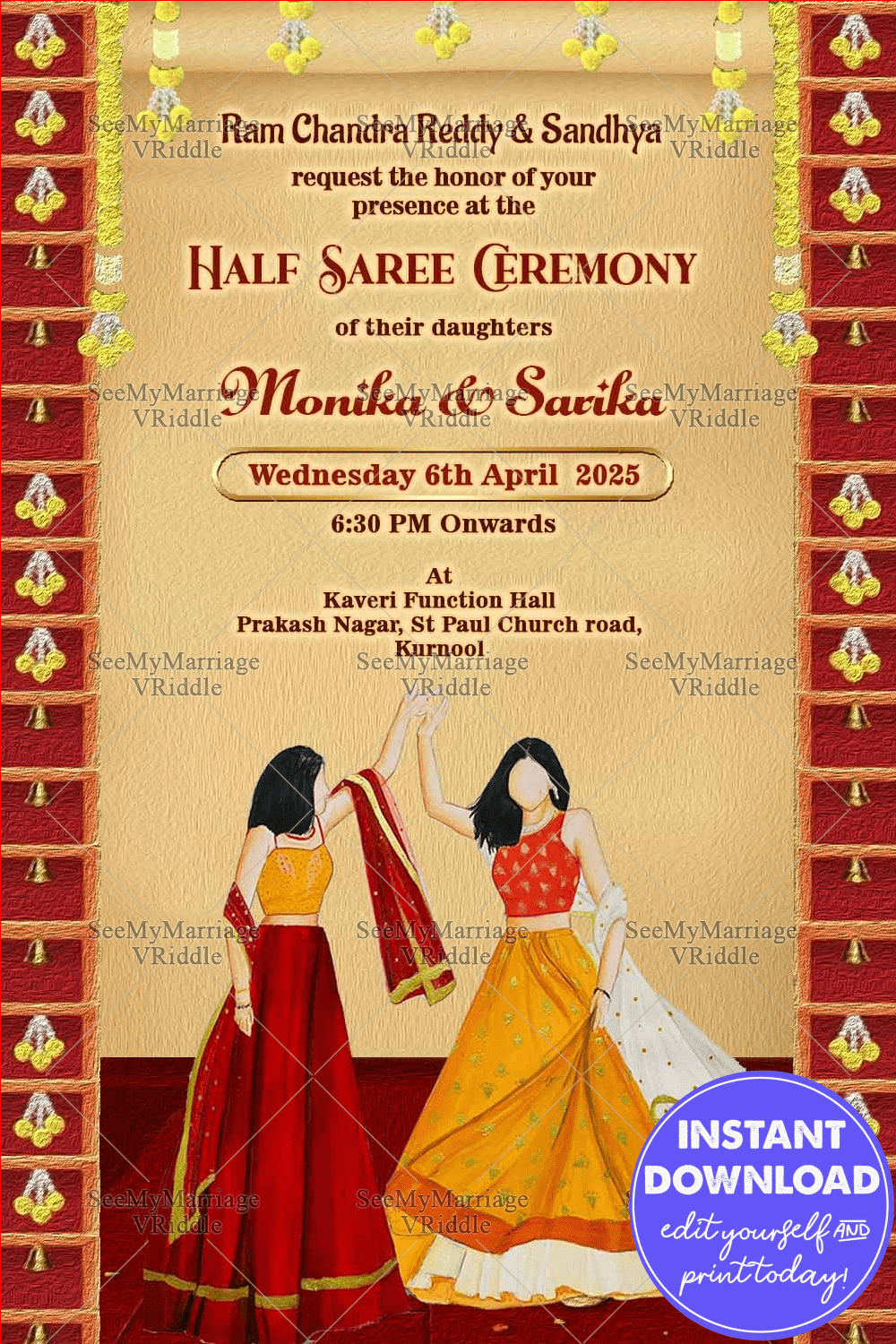 Traditional Sisters Half Saree Ceremony Invitation Card Cream Theme
