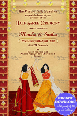 Traditional Sisters Half Saree Ceremony Invitation Card Cream Theme