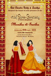 Traditional Sisters Half Saree Ceremony Invitation Card Cream Theme