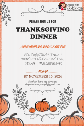 White Theme Thanksgiving Meal Invitation Card Orange Pumpkin