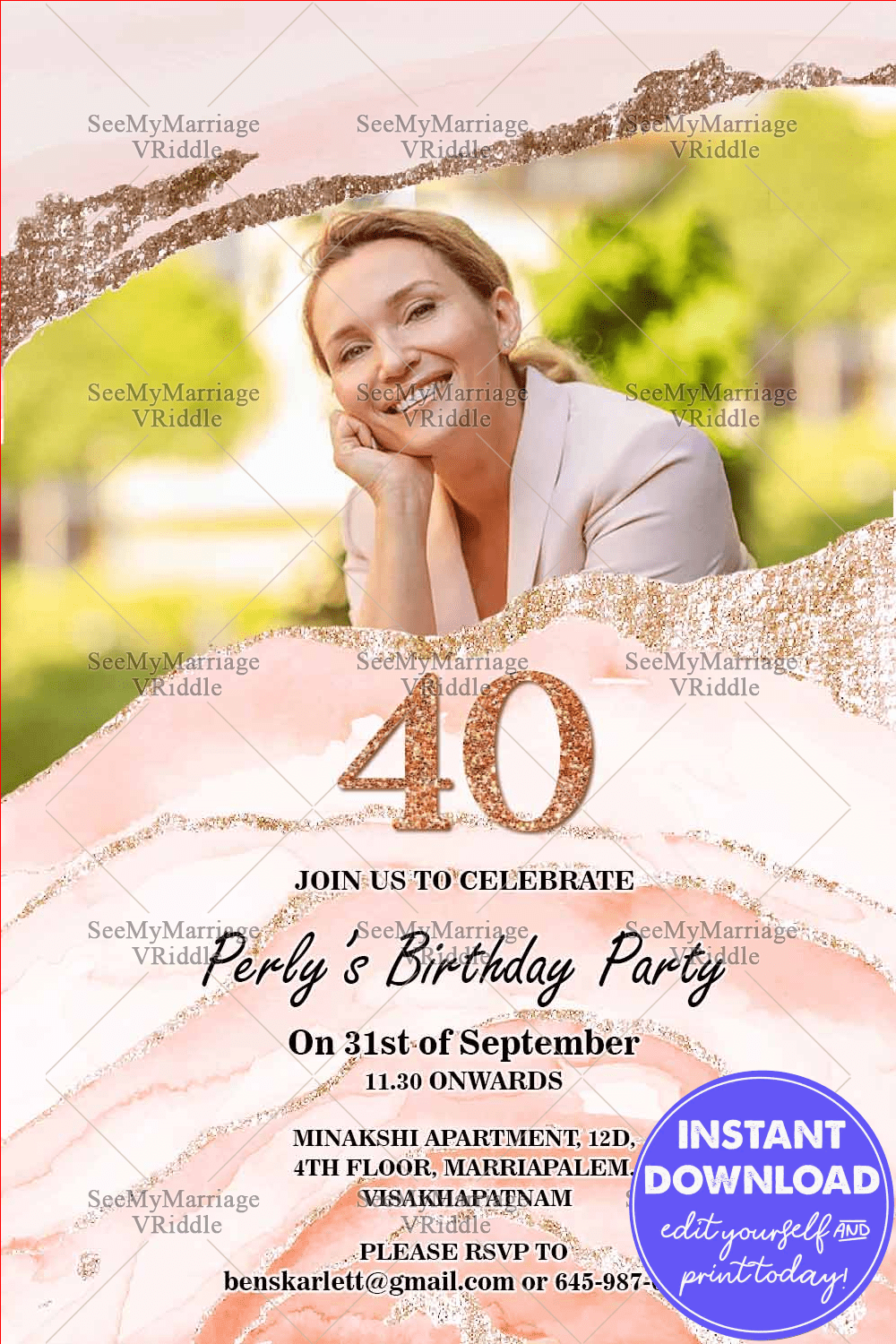 Precious Moment 40th Birthday Invitation Card Pink Geode